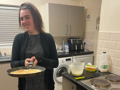 Hannah making pancakes